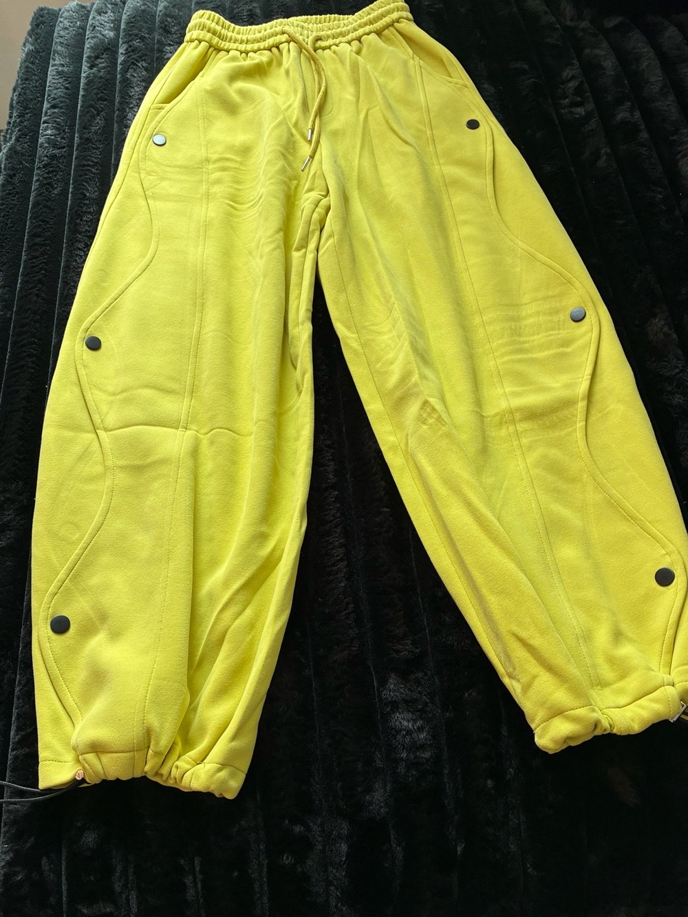 Women’s Yellow Barrel Sweatpants with Black Buttons and side Scalloped details